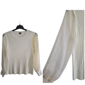 Talbots Lightweight Cream Cable Knit Sweater Sheer Metallic Striped Sleeves XL